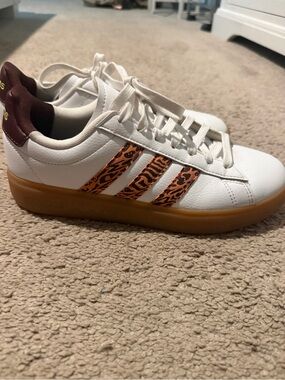 Adidas White Leather Sneakers with Orange Animal-Print Stripes and Maroon Heel